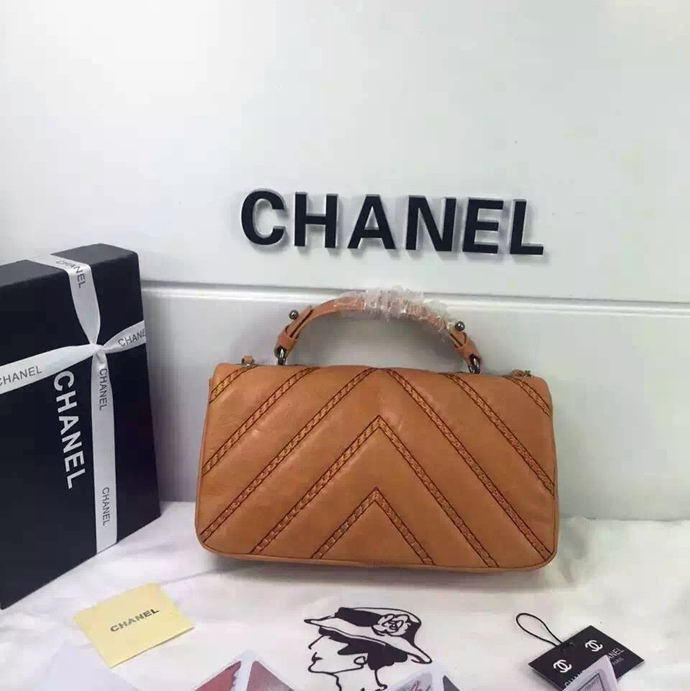 2016 Chanel Classic Top Handle Bag Original Chevron Calfskin Leather A94168 Apricot