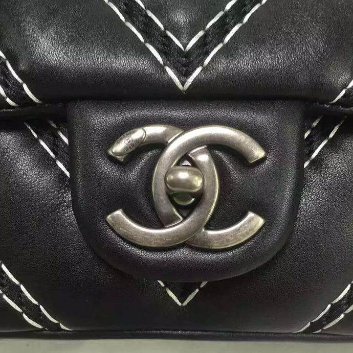 2016 Chanel Classic Top Handle Bag Original Chevron Calfskin Leather A94168 Black