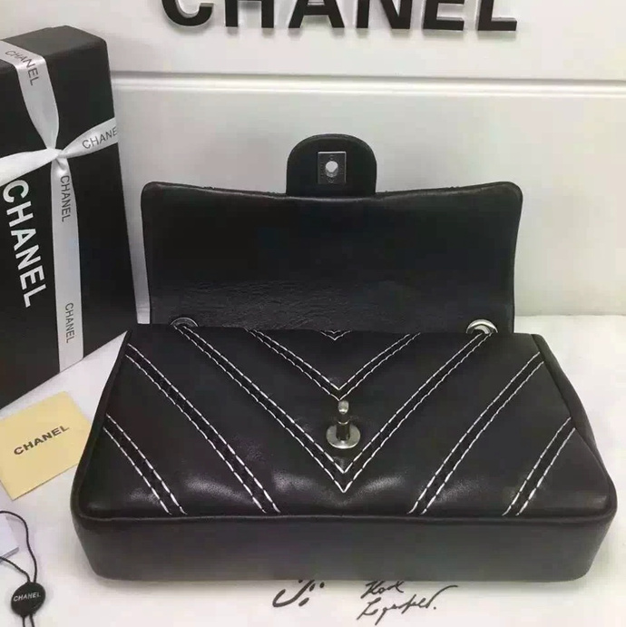 2016 Chanel Classic Top Handle Bag Original Chevron Calfskin Leather A94168 Black