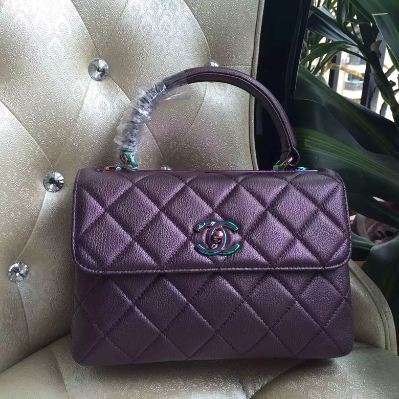 2016 Chanel Classic Top Handle Bag Original Deer Leather A92236 Purple with Magic color buckle