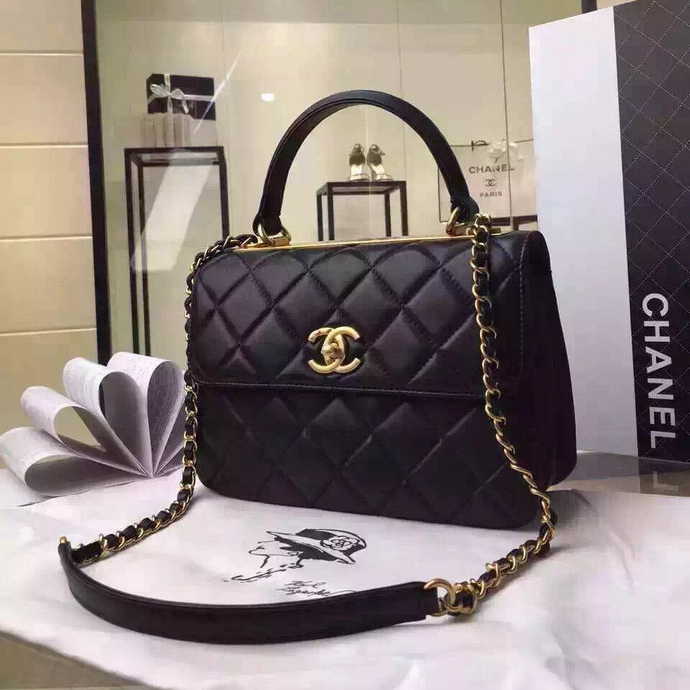 2016 Chanel Classic Top Handle Bag Original Sheepskin Leather A92236 Black with Gold