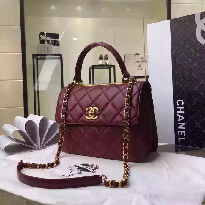 2016 Chanel Classic Top Handle Bag Original Sheepskin Leather A92236 Burgundy with Gold