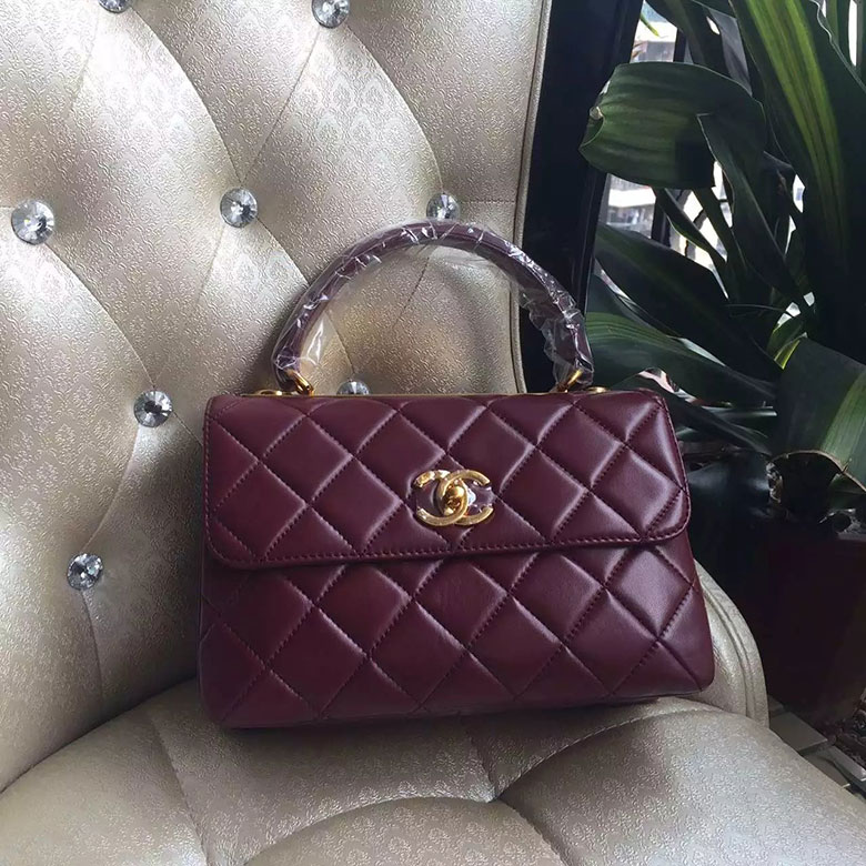 2016 Chanel Classic Top Handle Bag Original Sheepskin Leather A92236 Burgundy with Gold