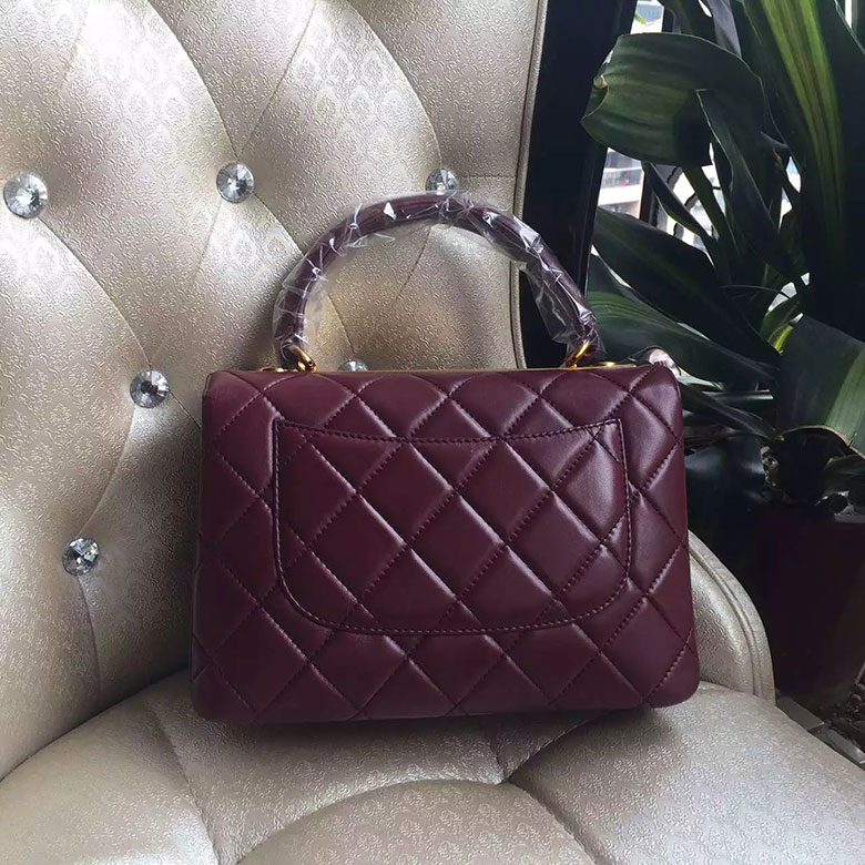 2016 Chanel Classic Top Handle Bag Original Sheepskin Leather A92236 Burgundy with Gold