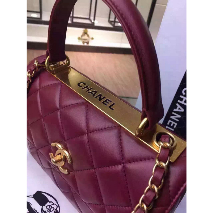 2016 Chanel Classic Top Handle Bag Original Sheepskin Leather A92236 Burgundy with Gold