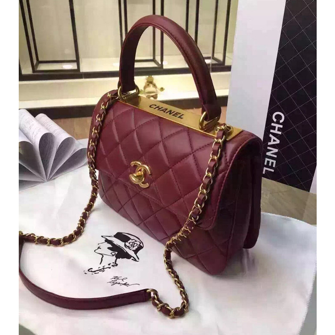 2016 Chanel Classic Top Handle Bag Original Sheepskin Leather A92236 Burgundy with Gold