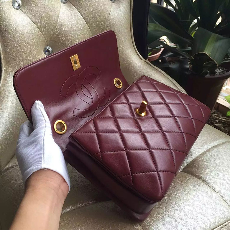 2016 Chanel Classic Top Handle Bag Original Sheepskin Leather A92236 Burgundy with Gold