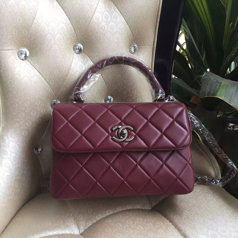 2016 Chanel Classic Top Handle Bag Original Sheepskin Leather A92236 Burgundy with Polished hardware