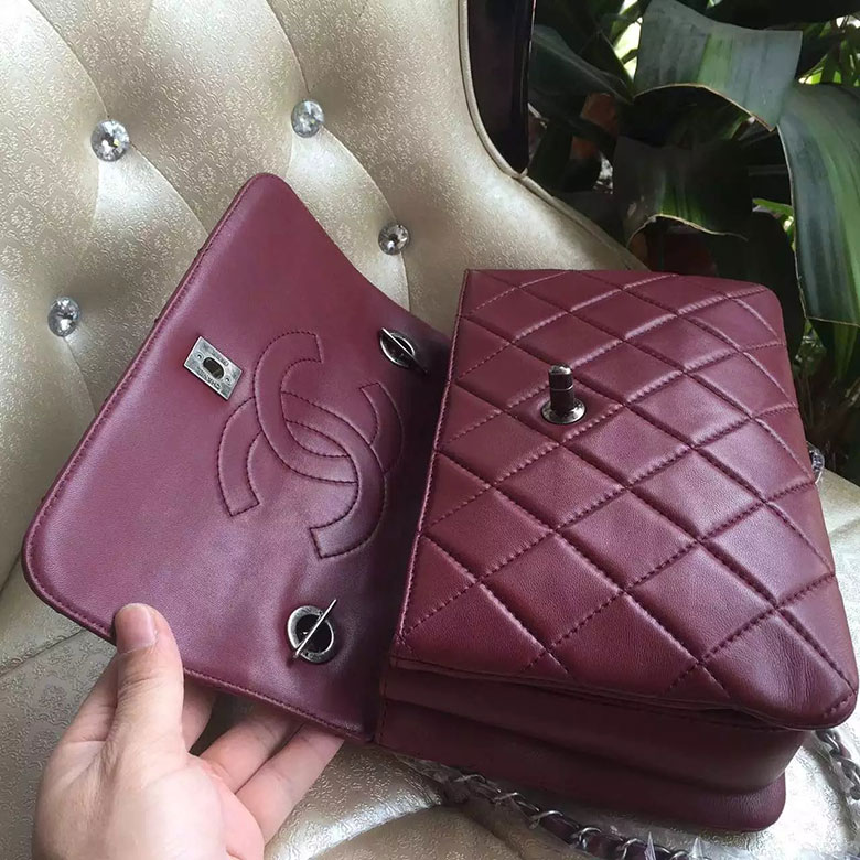 2016 Chanel Classic Top Handle Bag Original Sheepskin Leather A92236 Burgundy with Polished hardware