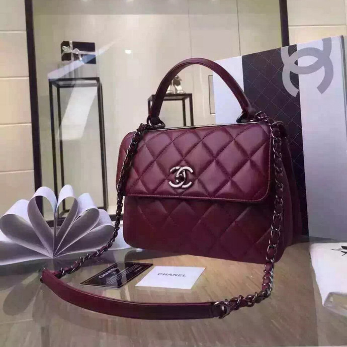 2016 Chanel Classic Top Handle Bag Original Sheepskin Leather A92236 Burgundy with Silver