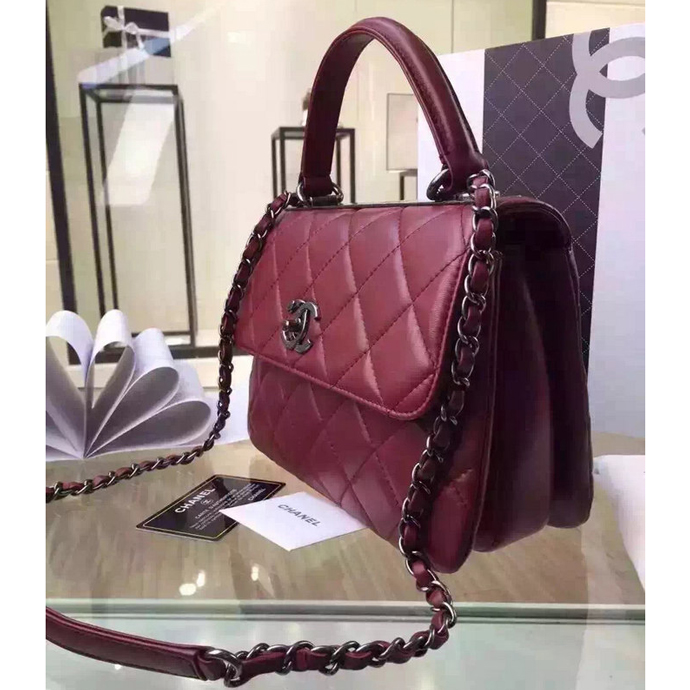 2016 Chanel Classic Top Handle Bag Original Sheepskin Leather A92236 Burgundy with Silver