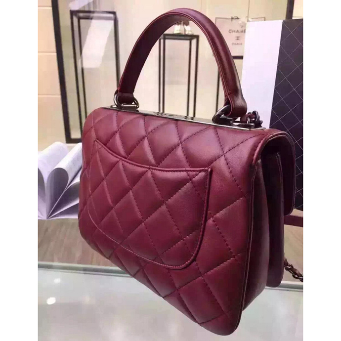 2016 Chanel Classic Top Handle Bag Original Sheepskin Leather A92236 Burgundy with Silver