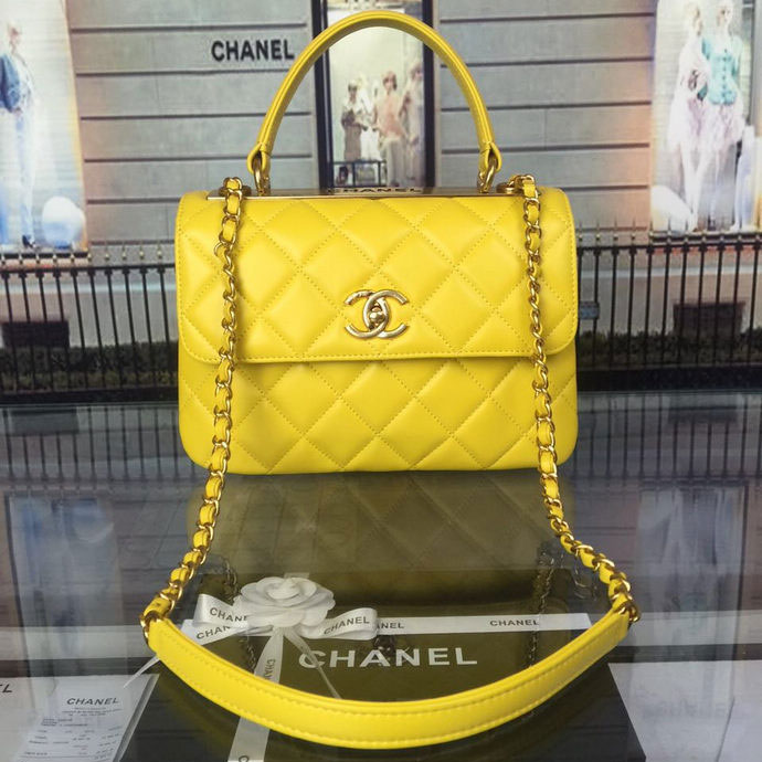 2016 Chanel Classic Top Handle Bag Original Sheepskin Leather A92236 Yellow with Gold