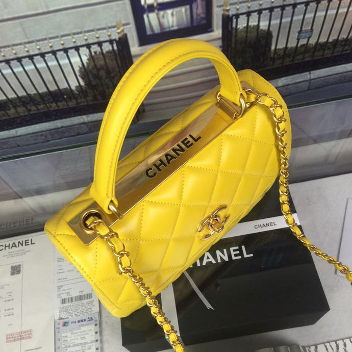 2016 Chanel Classic Top Handle Bag Original Sheepskin Leather A92236 Yellow with Gold