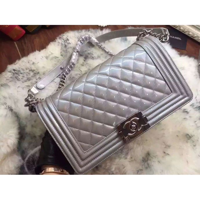 2016 Chanel LE Boy Flap Shoulder Bag Original Patent Leather A67086 Silver