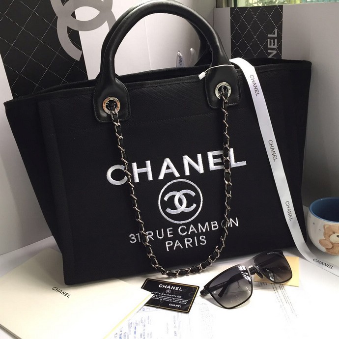 2016 Chanel Large Canvas Tote Shopper Bag A68046 Black