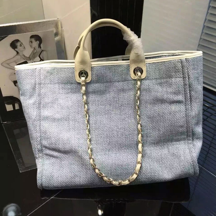 2016 Chanel Large Canvas Tote Shopping Bag A68046 Light Blue