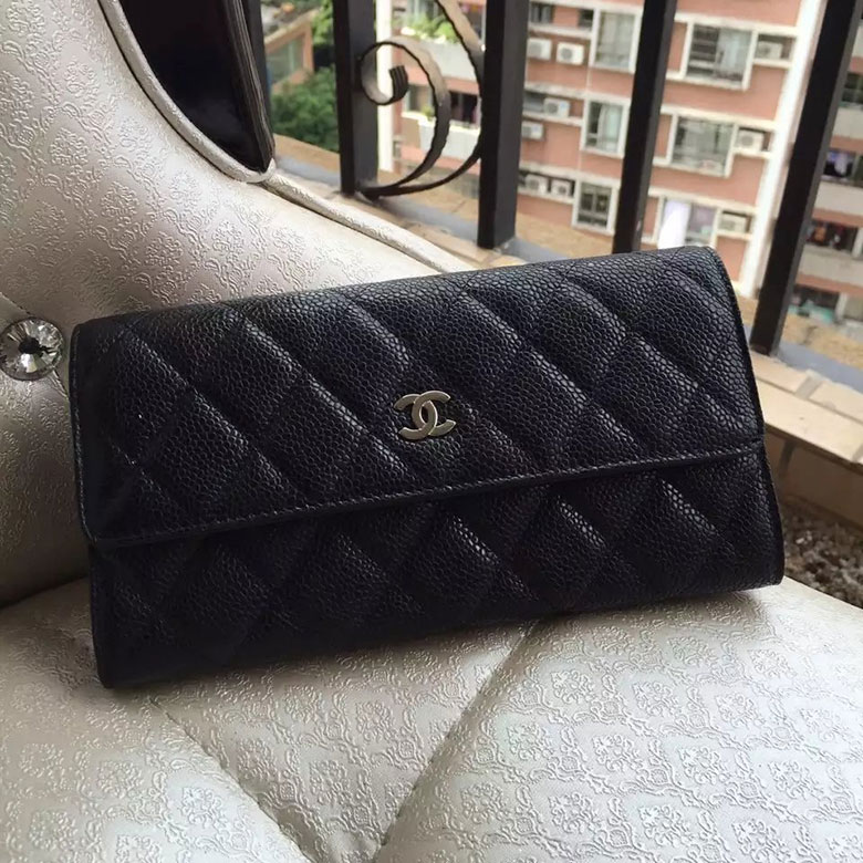 2016 Chanel Matelasse Bi-Fold Wallet Original Caviar Leather A50096 Black with Silver