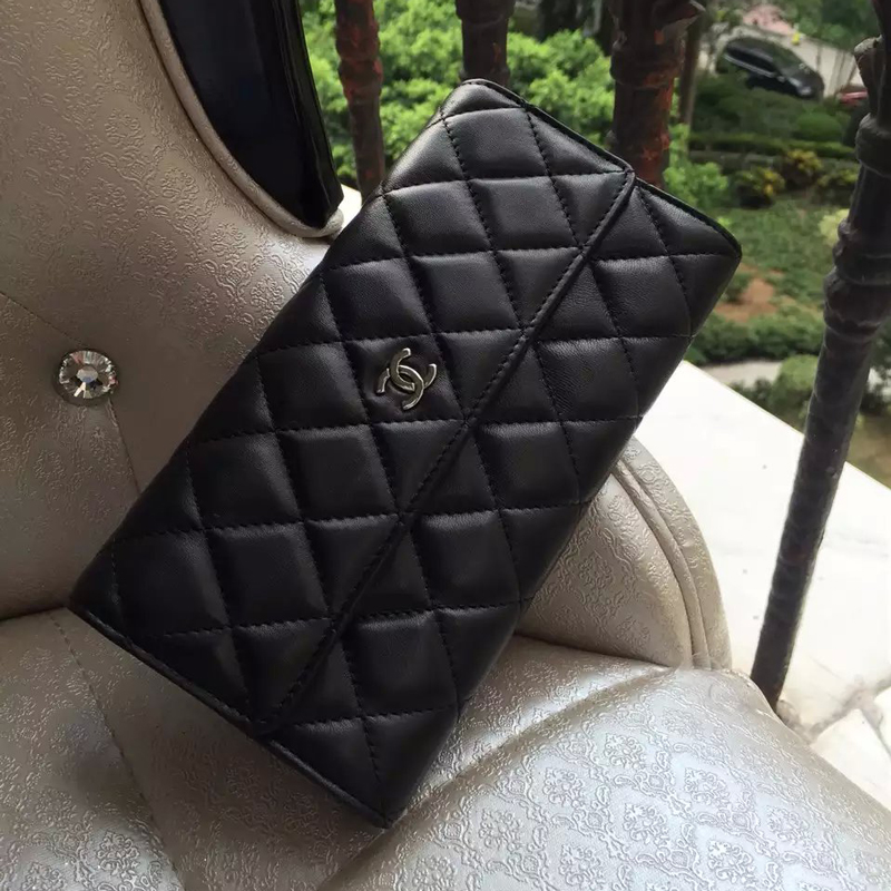 2016 Chanel Matelasse Bi-Fold Wallet Original Sheepskin Leather A50096 Black with Silver