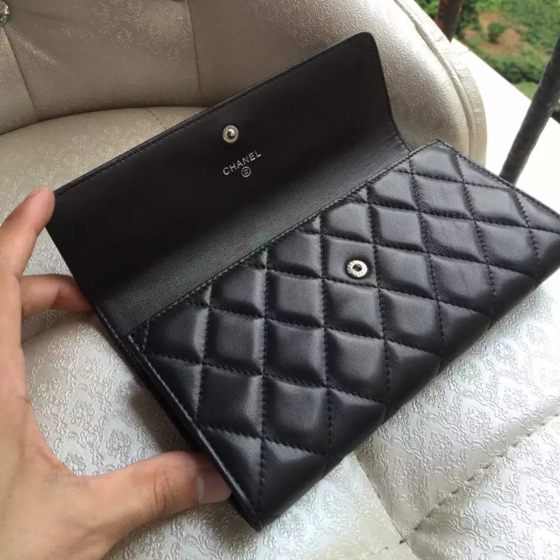 2016 Chanel Matelasse Bi-Fold Wallet Original Sheepskin Leather A50096 Black with Silver