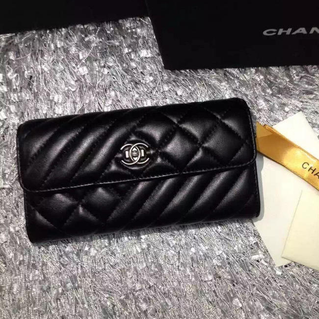 2016 Chanel Matelasse Bi-Fold Wallet sheepskin Leather A80466 Black