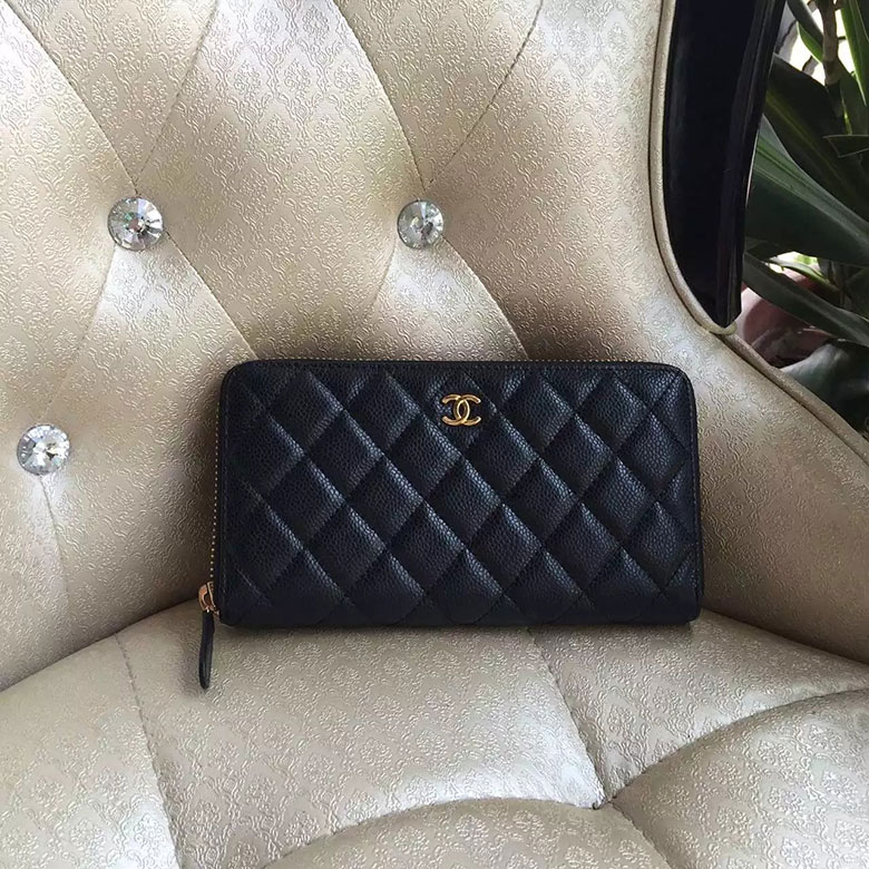 2016 Chanel Matelasse Zip Around Wallet Black Original Caviar leather A50097 Gold