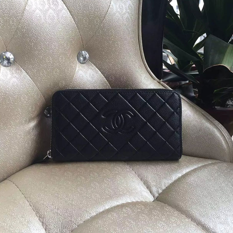 2016 Chanel Matelasse Zip Around Wallet Black Original Caviar leather A50097 Gold