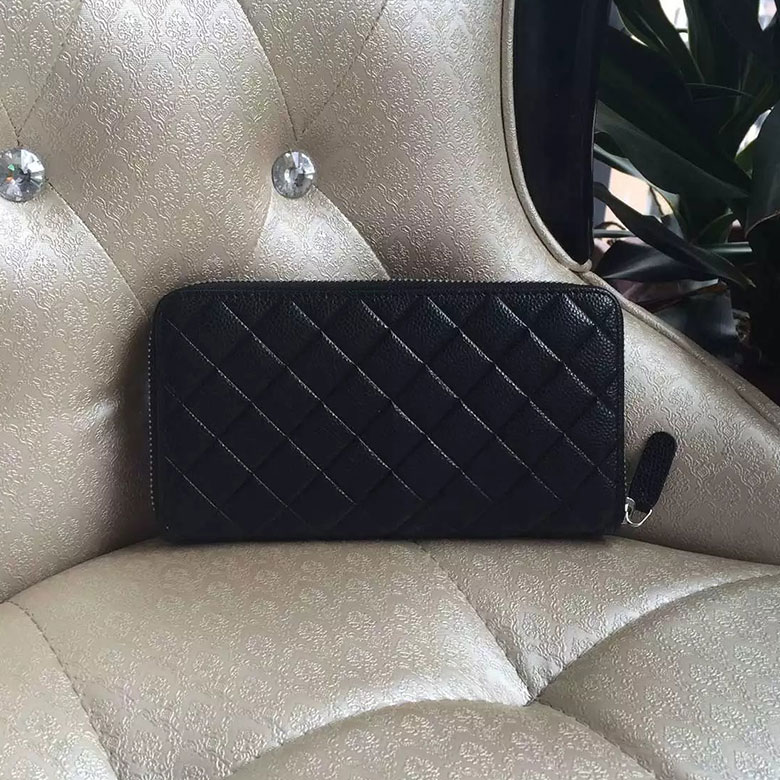 2016 Chanel Matelasse Zip Around Wallet Black Original Caviar leather A50097 Gold