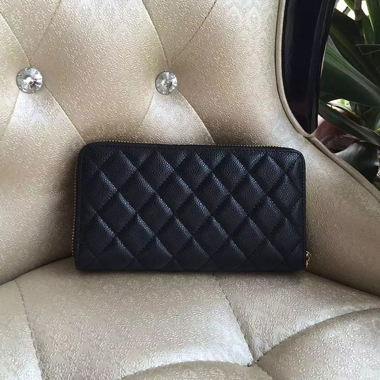 2016 Chanel Matelasse Zip Around Wallet Black Original Caviar leather A50097 Gold