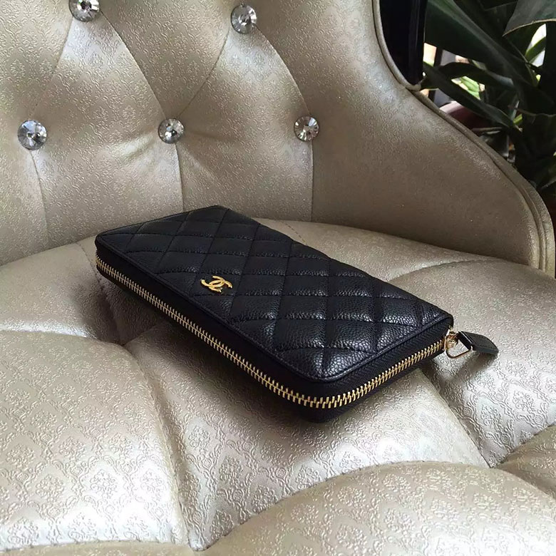 2016 Chanel Matelasse Zip Around Wallet Black Original Caviar leather A50097 Gold