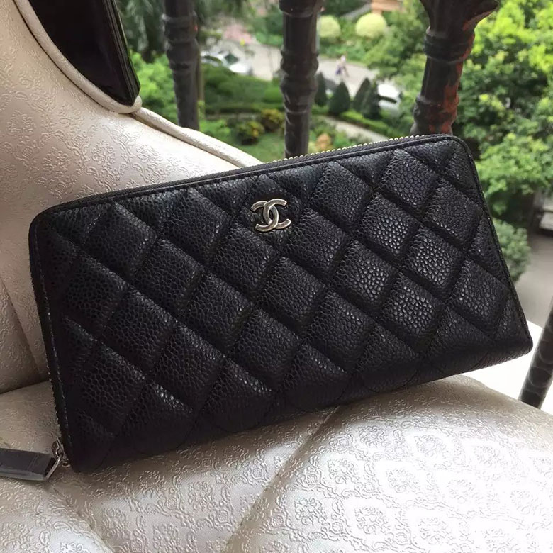 2016 Chanel Matelasse Zip Around Wallet Black Original Caviar leather A50097 Silver