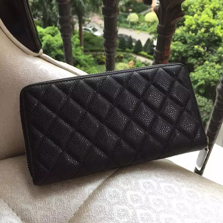 2016 Chanel Matelasse Zip Around Wallet Black Original Caviar leather A50097 Silver