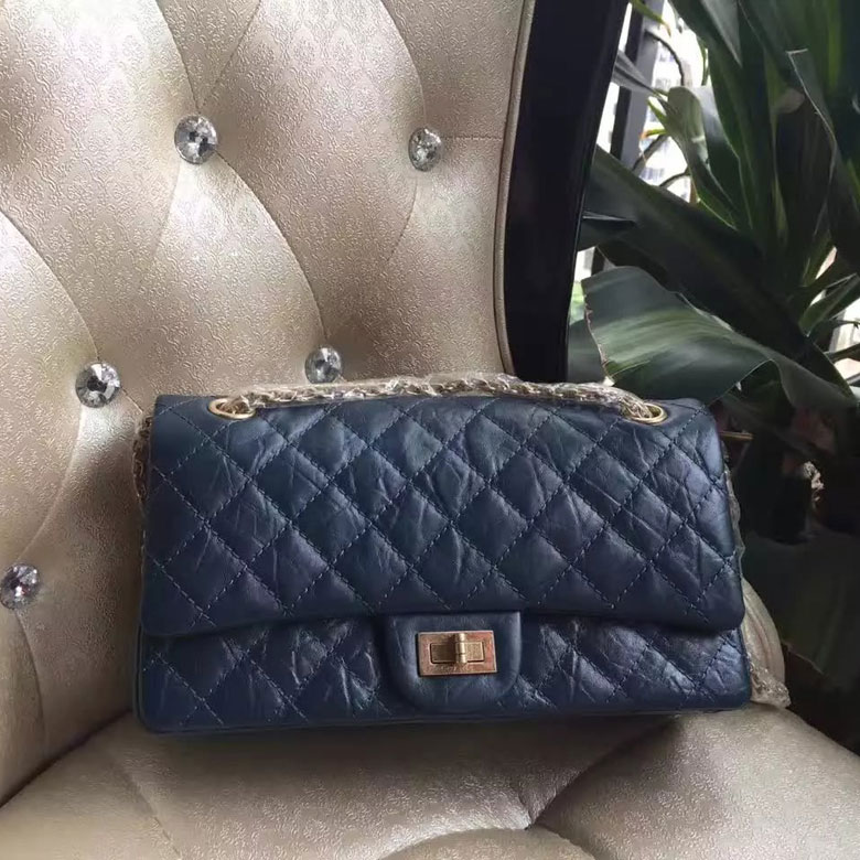 2016 Chanel Original Glazed Crackled Leather Classic Flap Bag 1112 Blue Gold