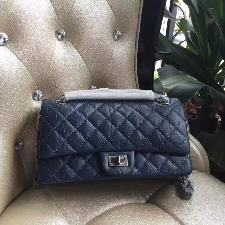 2016 Chanel Original Glazed Crackled Leather Classic Flap Bag 1112 Blue Silver