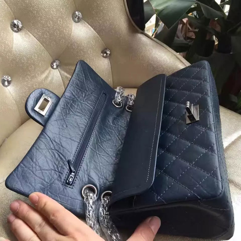 2016 Chanel Original Glazed Crackled Leather Classic Flap Bag 1112 Blue Silver