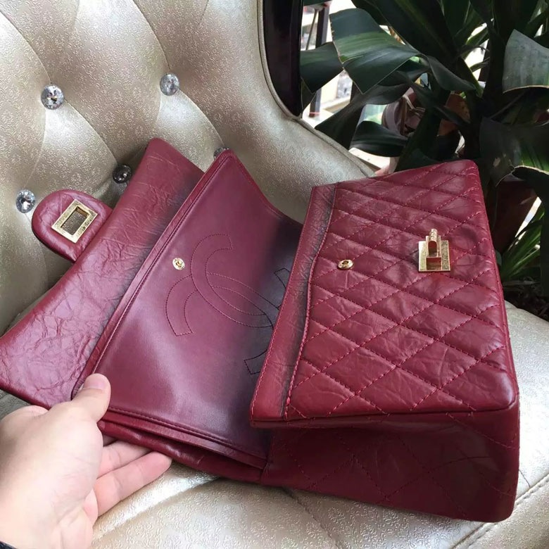 2016 Chanel Original Glazed Crackled Leather Classic Flap Bag 1113 Burgundy Gold