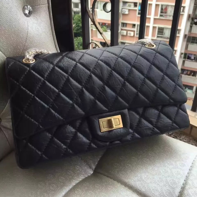 2016 Chanel Original Glazed Crackled Leather Classic Flap Bag 1113 Black Gold