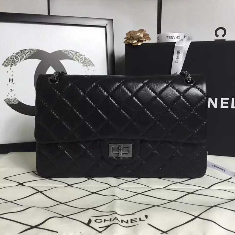 2016 Chanel Original Glazed Crackled Leather Classic Flap Bag A28668 Black