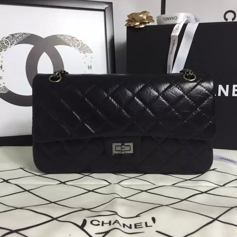 2016 Chanel Original Glazed Crackled Leather Classic Flap Bag A30227 Black