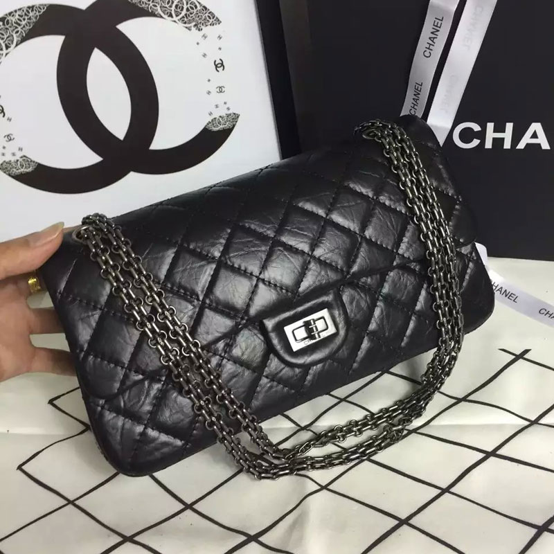 2016 Chanel Original Glazed Crackled Leather Classic Flap Bag A30227 Black