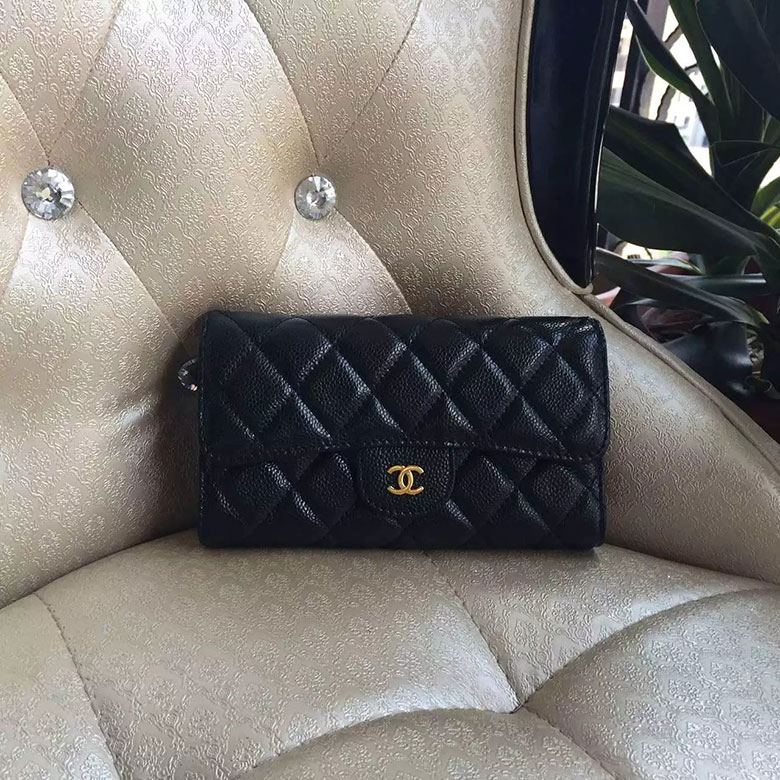 2016 Chanel Tri-Fold Wallet Black Original Caviar leather A31506 Gold