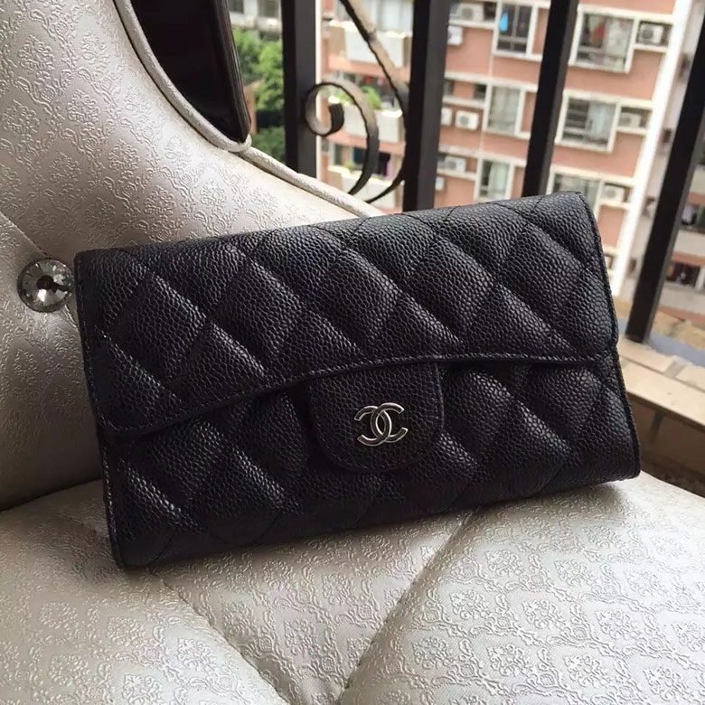 2016 Chanel Tri-Fold Wallet Black Original Caviar leather A31506 Silver