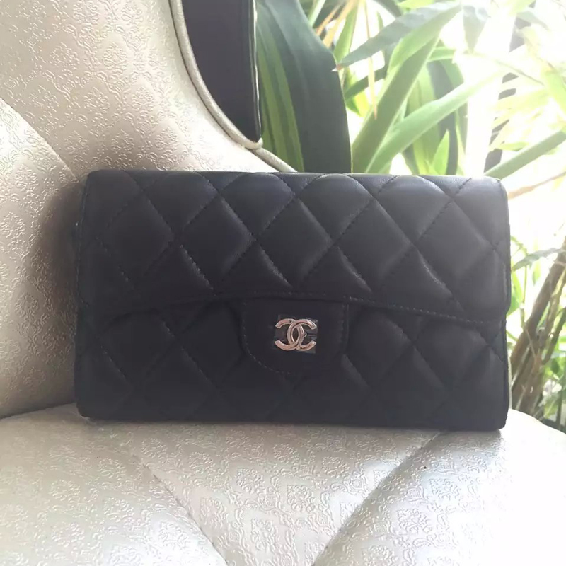 2016 Chanel Tri-Fold Wallet Black Original Sheppskin leather A31506