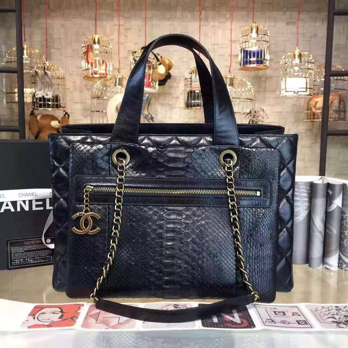 2016 Chanel Two Handle Bag Snake Leather A57399 Black