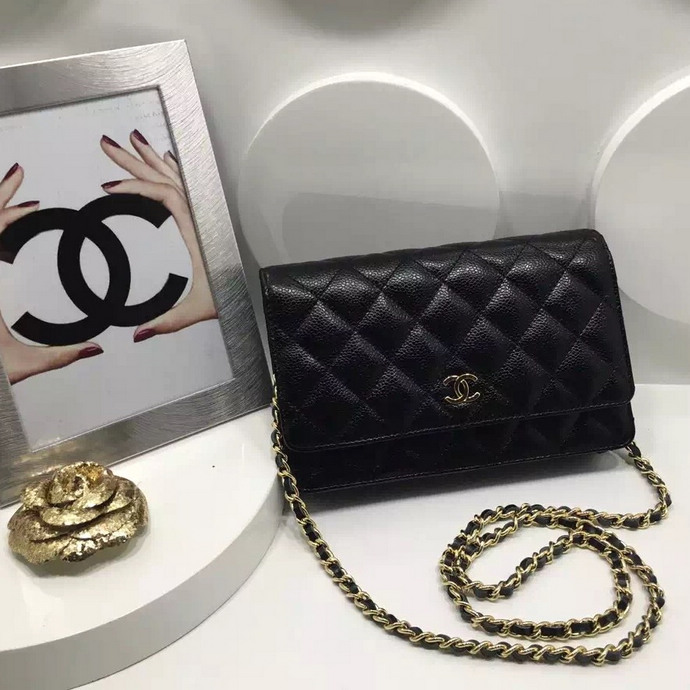 2016 Chanel WOC A33814 Black Original Caviar Leather Mini Flap Bag Gold