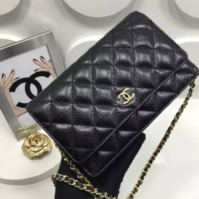 2016 Chanel WOC A33814 Black Original Caviar Leather Mini Flap Bag Gold