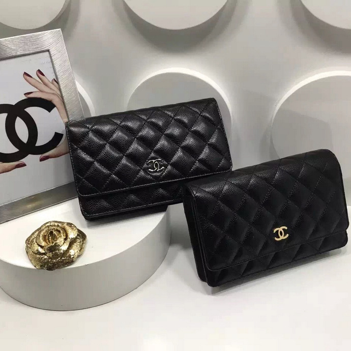 2016 Chanel WOC A33814 Black Original Caviar Leather Mini Flap Bag Gold