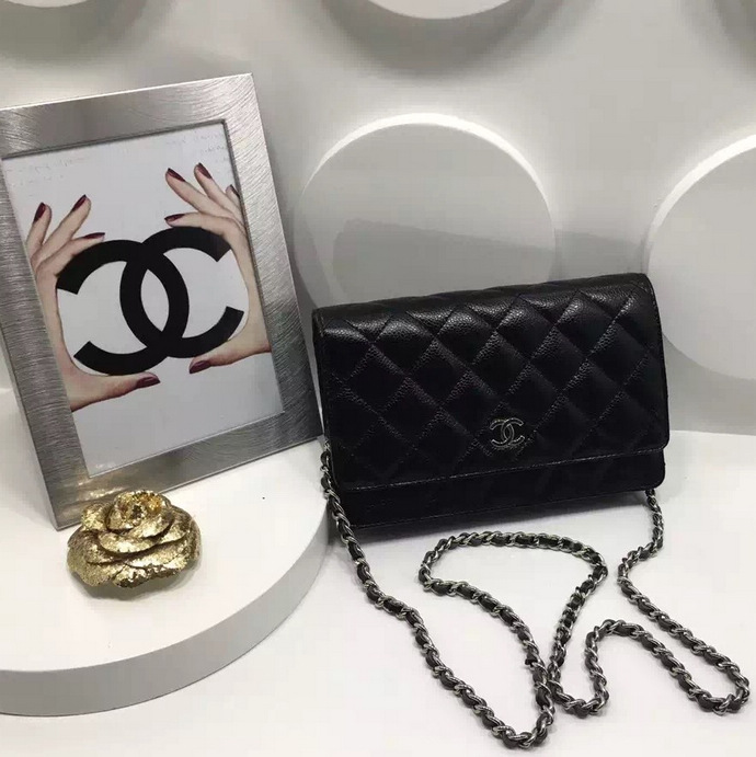 2016 Chanel WOC A33814 Black Original Caviar Leather Mini Flap Bag Silver