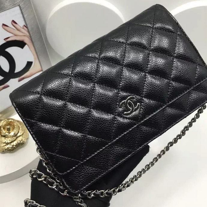 2016 Chanel WOC A33814 Black Original Caviar Leather Mini Flap Bag Silver