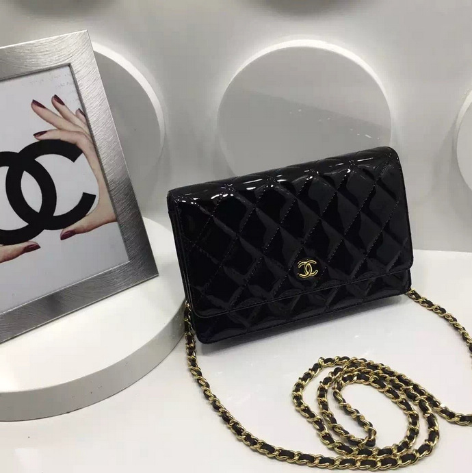 2016 Chanel WOC A33814 Black Original Patent Leather Mini Flap Bag Gold